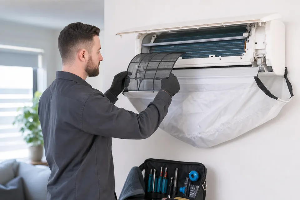 Technician cleaning the filters and indoor coil of a Midea split system
