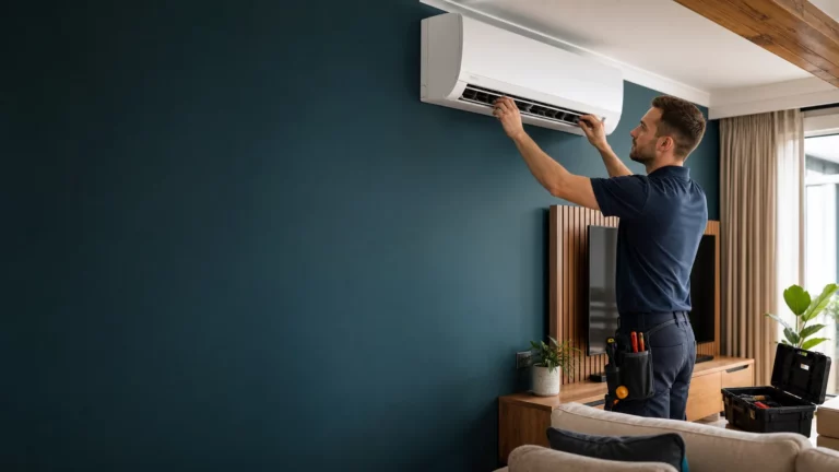 HVAC technician installing a wall-mounted split-system air conditioner in a Melbourne home