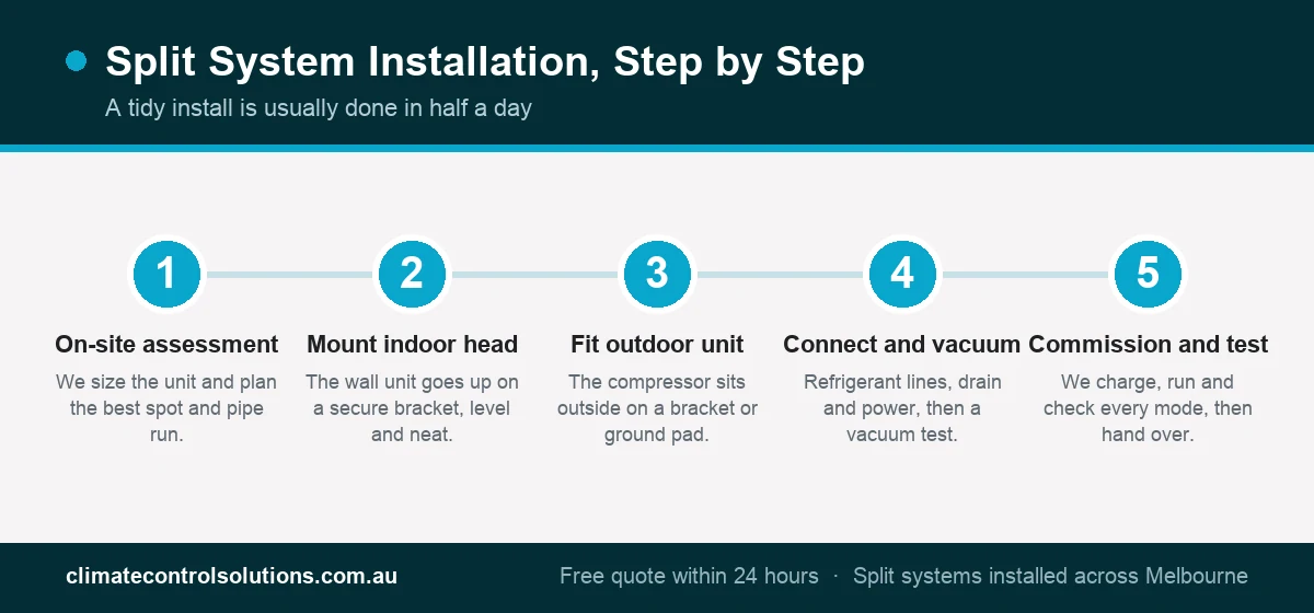 Infographic of the split system installation process: on-site assessment, mount indoor head, fit outdoor unit, connect and vacuum, commission and test.