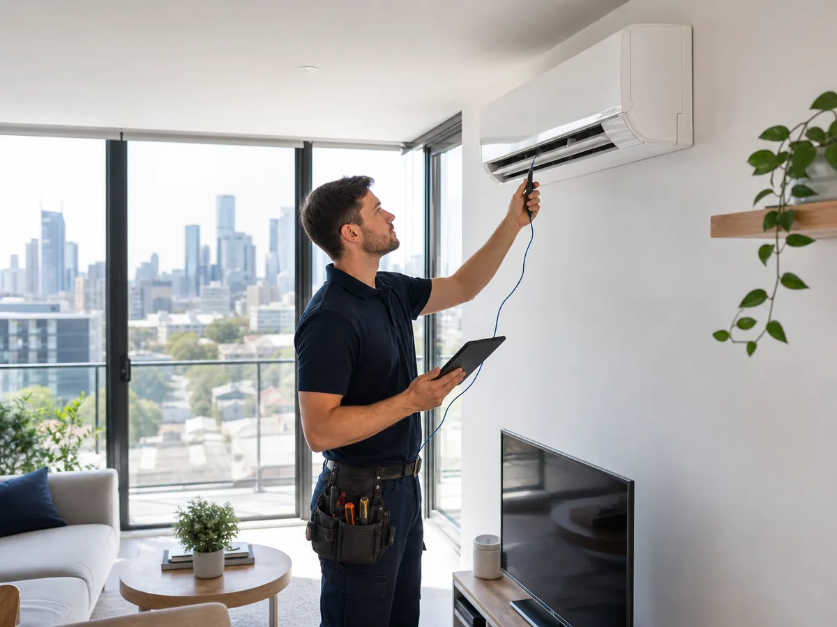 Technician checking a TCL wall-mounted air conditioner in a Melbourne apartment