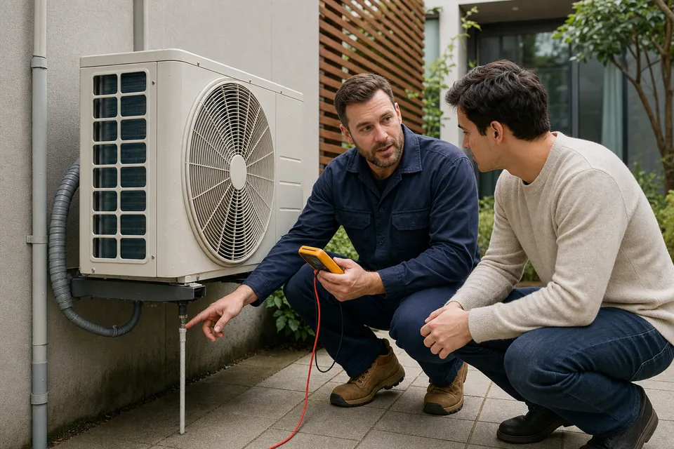 Technician explaining TCL air conditioner repair options beside an outdoor unit