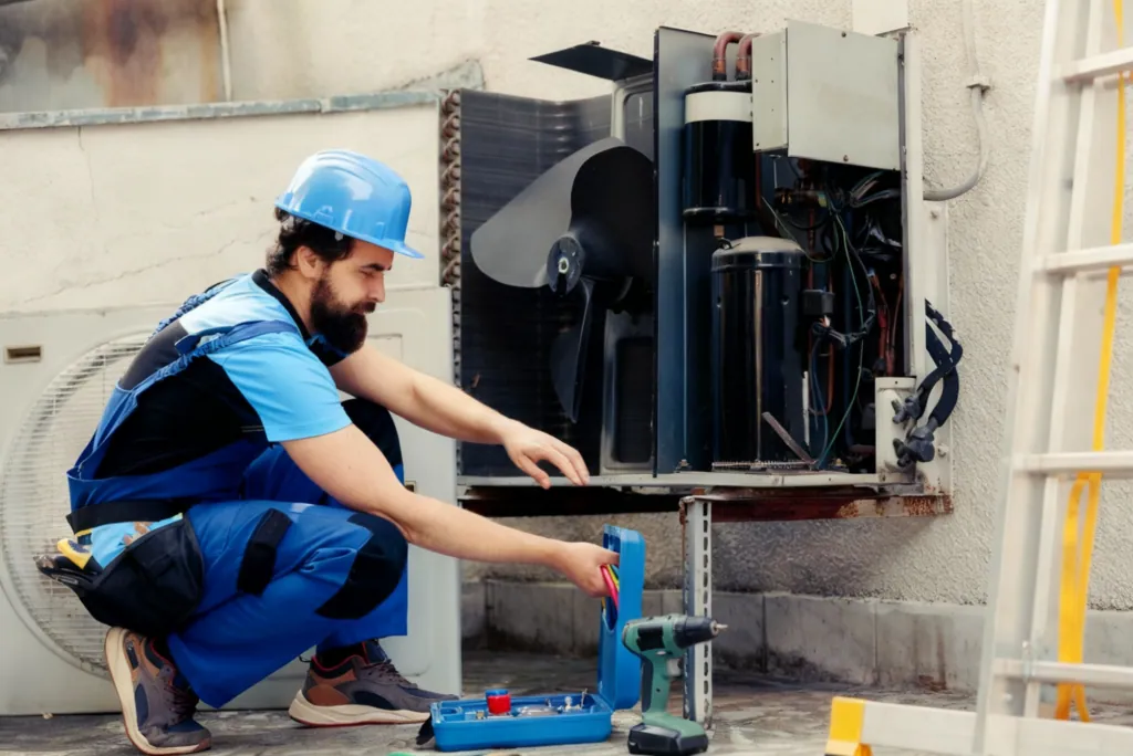 An HVAC technician servicing a wall-mounted split system air conditioner in a Melbourne home.