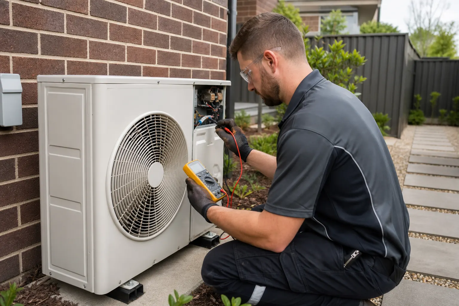 Technician repairing a Toshiba outdoor air conditioning unit in Melbourne
