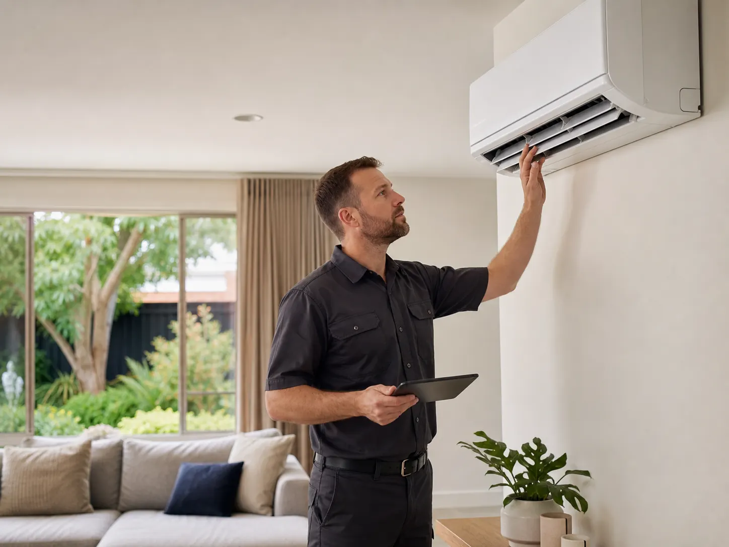 Technician checking a Toshiba split system air conditioner in Melbourne