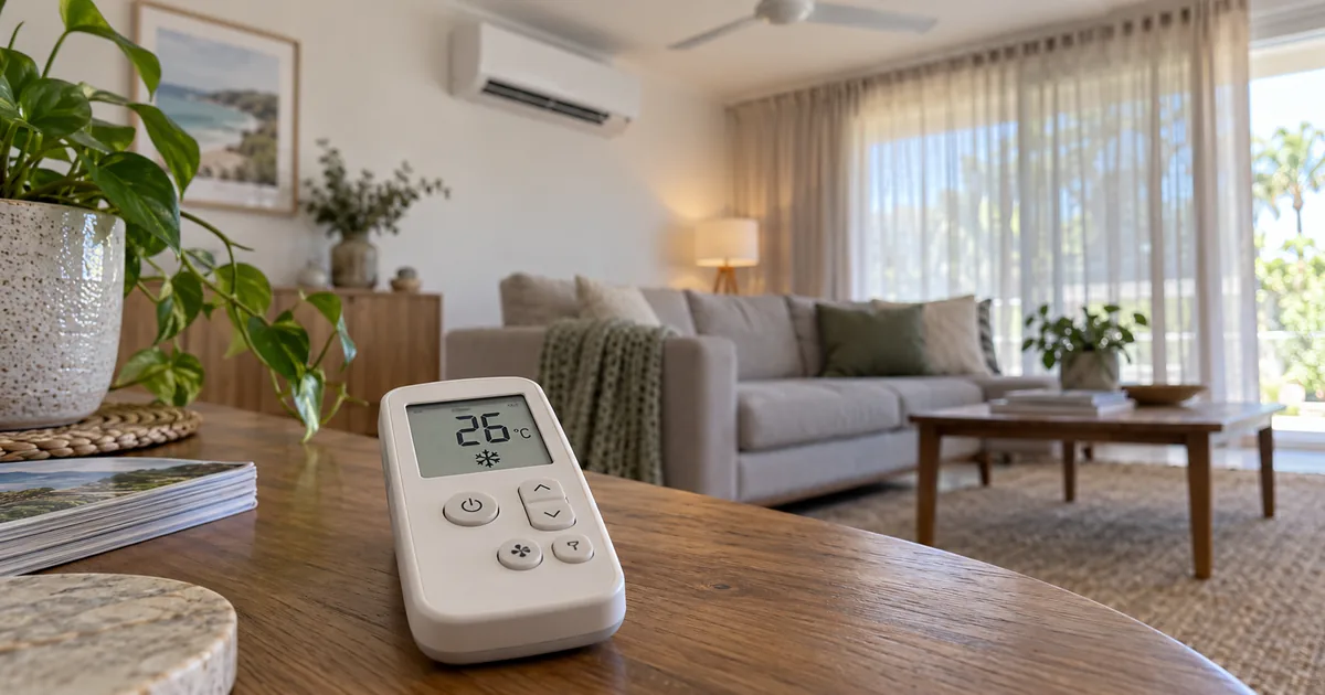 Air conditioner remote set to 26 degrees Celsius in a shaded living room with a ceiling fan