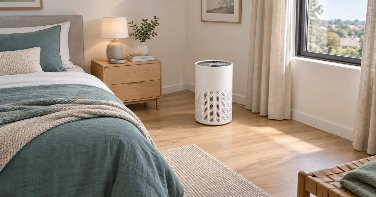 Portable air purifier placed clear of the bed and curtains