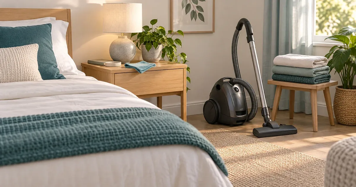 Fresh folded bed linen and a vacuum cleaner beside a bed
