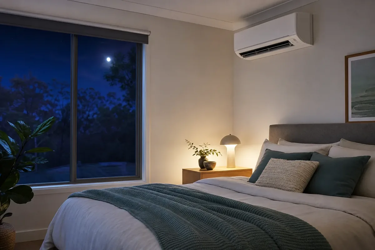 Wall-mounted split-system air conditioner above a bed in a softly lit bedroom