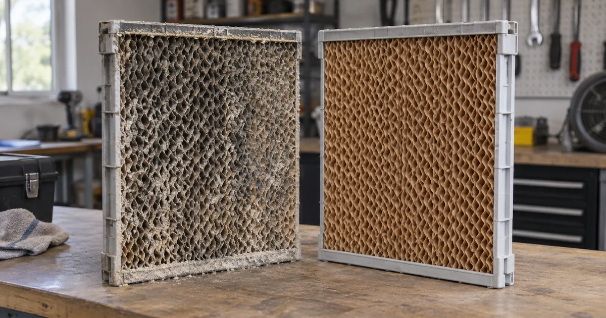 Used evaporative cooler honeycomb pad with mineral deposits beside a clean replacement pad