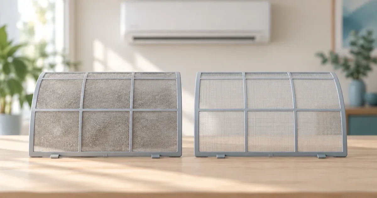 Dusty and clean removable mesh air conditioner filters shown side by side