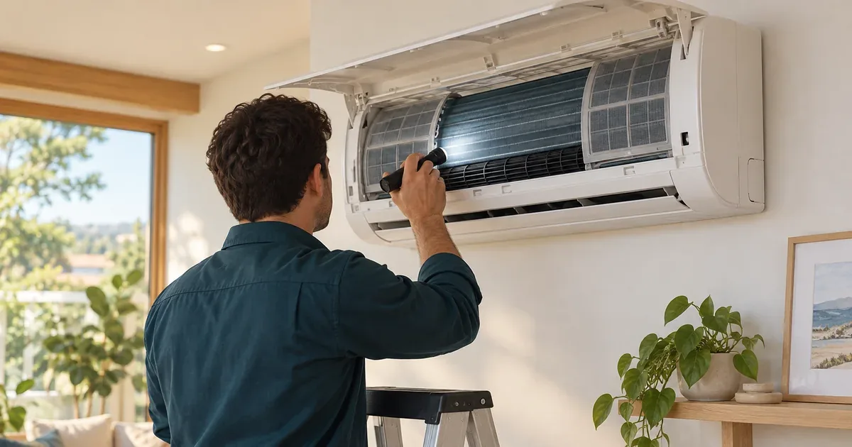 Technician inspecting the coil inside a wall-mounted air conditioner with its front panel raised